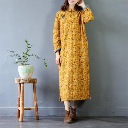 SCUWLINEN 2020 Vintage Chinese Style Winter Dresses Floral Print Thickening Warm Arctic Velvet Long Robe Christmas Dress S252-1