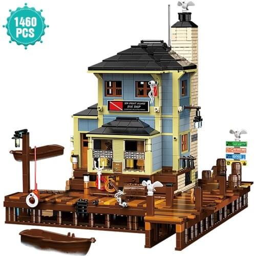 High-tech Ideas Fisherman Diving Shop Model Building Block Architecture Bricks Toys Birthday Holiday Gift For Adult