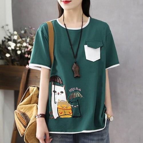 Pure Cotton Large T-shirt Pocket Plus Size Summer New White Short Sleeve Female Loose Student Art Print Shirt Korean Fashion Y2k