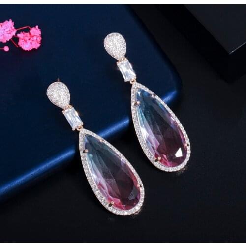 ThreeGraces Fashion Gradient Rainbow CZ Crystal Big Gold Color Drop Dangle Earrings for Women Party Costume Jewelry Gift ER637