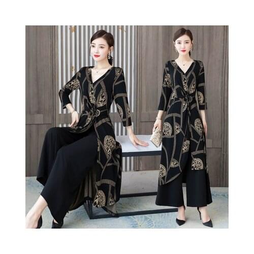2021 New Women Two Piece Wide Leg Pants Dress Sets Suit Fashion Temperament V-neck Print Robe Femme Vestidos Elegantes Dresses