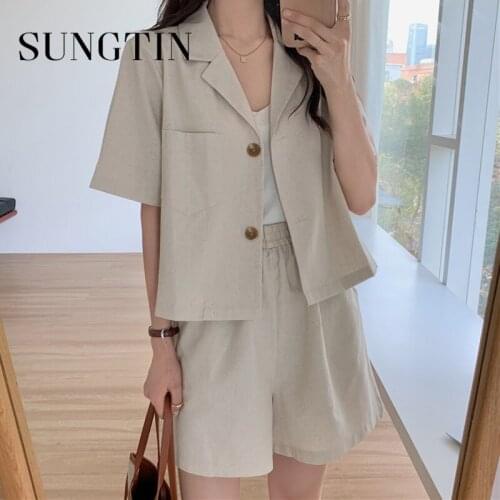 Sungtin Casual 2 Piece Sets Blazer Women Korean Short Blazer and Shorts Elastic Waist Loose 2021 Summer Suit Shorts Blazers Chic