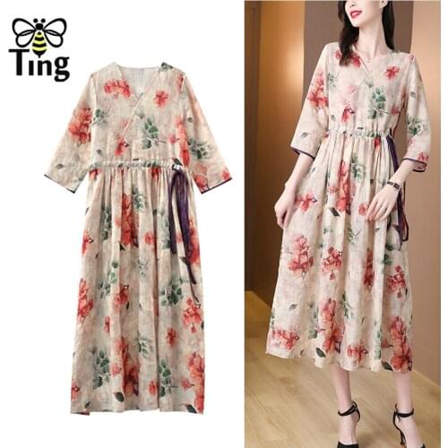 Tingfly Bohemian Floral Printing Women Summer Casual Loose Dress Vintage Relax Drawstring Boho Street Chic Vestido Plus Size 3XL