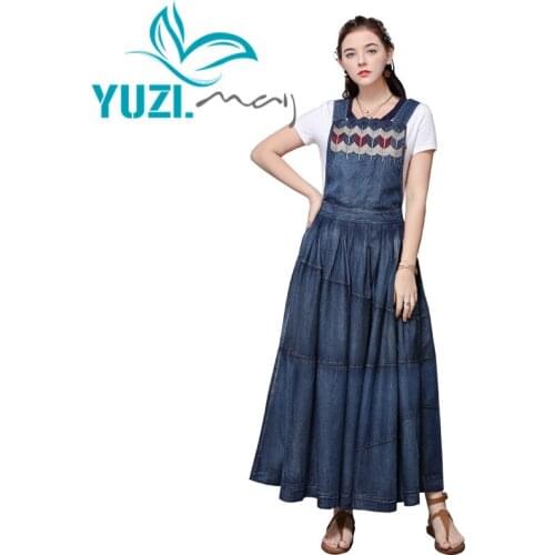 Dress Women 2020 Yuzi.may Boho New Denim Dresses Female Square Collar Vintage Embroidery Swing Hem Suspemders Vestidos A82207