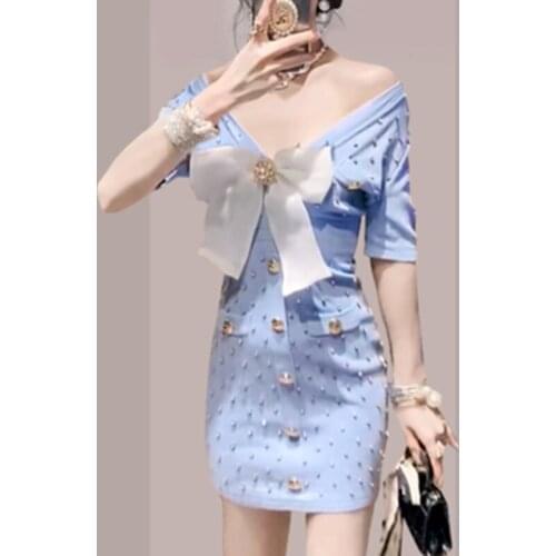 Fashion Bow Elastic Knitted Summer Dress For Women V-Collar Single Breasted Office Designer Beading Simple Slim Dresses Vestidos