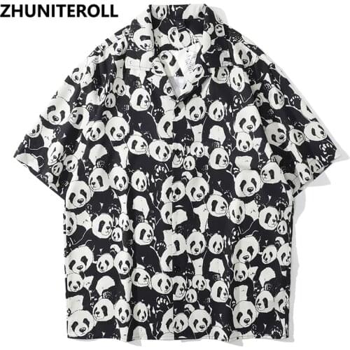 2021 Harajuku Summer Hawaiian Beach Shirts Panda Print Hip Hop Button Shirt Mens Fashion Short Sleeve Holiday Party Blouse Tops
