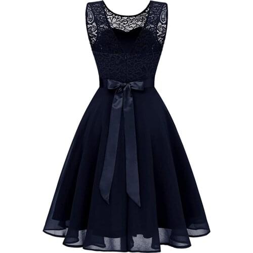 40# Elegant Belt Formal Dress Women Solid Lace Splice A Line Dress O Neck Sleeveless Vintage Ruffle Evening Party Dress Vestidos