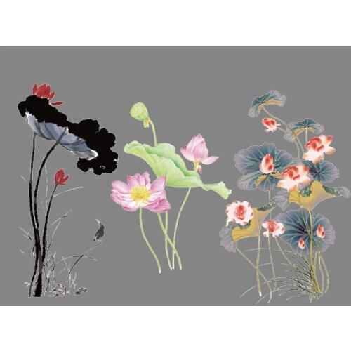 Large Chinese Watercolor Painting flowers thermal sticker lotus iron on patches for clothes patch heat transfer for t-shirt
