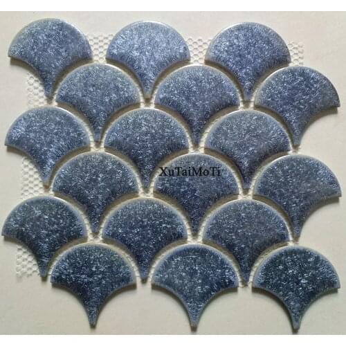 Elegant blue fish scale ceramic mosaic tile kitchen backsplash bathroom swimming pool wall shower wallpaper porcelain background