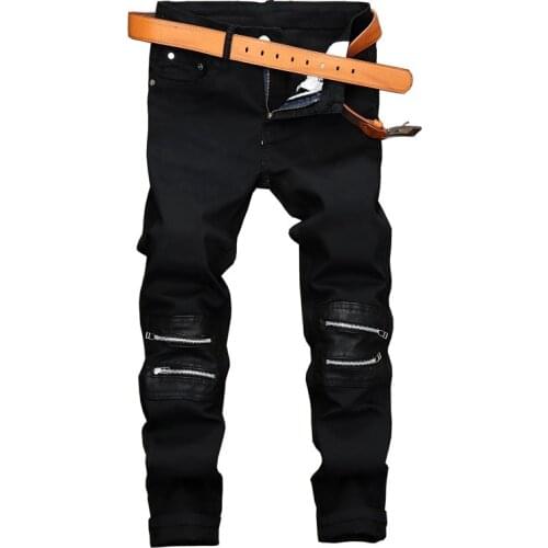 Men brand design jeans denim black zipper patchwork straight plus size slim design denim plus size high quality pants for male