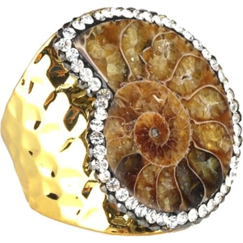 Natural Snail Ammonite Spiral Whorl Conch Shell Fossils stone charm pave rhinestone hammered open gold ring cuff for women man