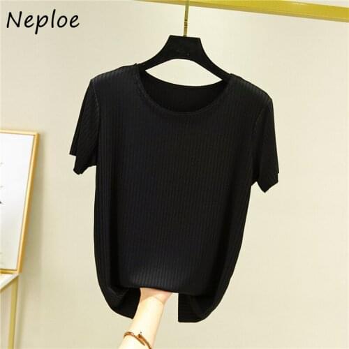 Neploe Women Summer Solid O-neck Casual T-shirts 2021 New Korean Slim Fit Vertical Grain Loose Short Sleeve Female Tops 82041