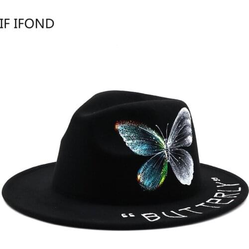 New Fashion Hand Drawn Butterfly Pattern Wool Felt Hat Wide Brim Casual Porkpie Jazz Fedora Hat Church Party Sombrero Cap