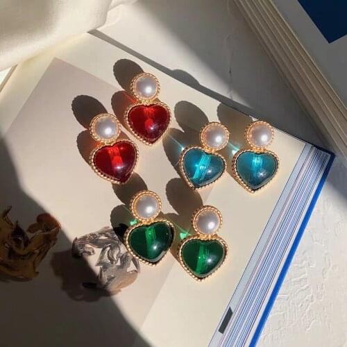 2021 New Vintage S925 Red Blue Resin Love Heart Dangle Pearl Earrings Stud Geometric Earring for Woman Girls Party Jewelry Gifts