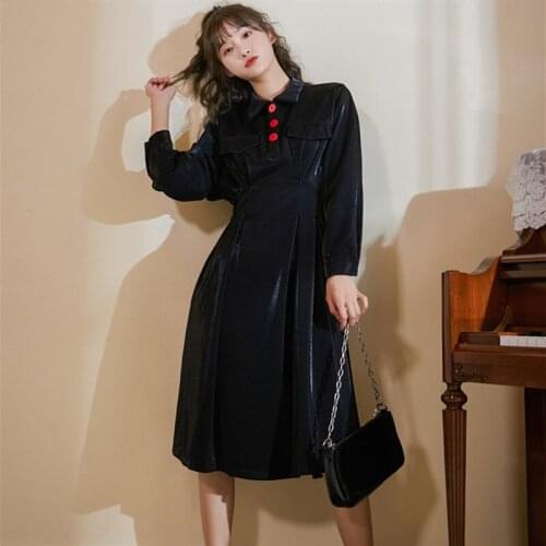 BLLOCUE Long Sleeve Dress Women Autumn Winter French Retro Corduroy Lapel High Waist Long Sleeve Midi Dresses Ladies