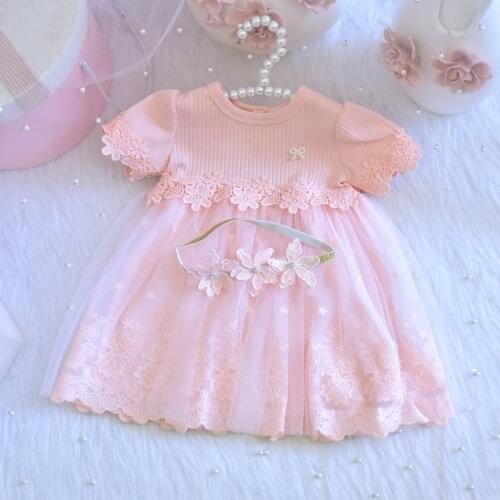 Baby girls dresses+flowers headband 2pcs/set lace kids clothing princess wedding baptism children wear birthday clothes 0-2Y