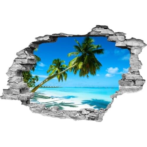 Beach palm tree scenery 3d broken wall vinyl mural stickers home decoration Summer sea view creative poster wallpaper 90*60cm