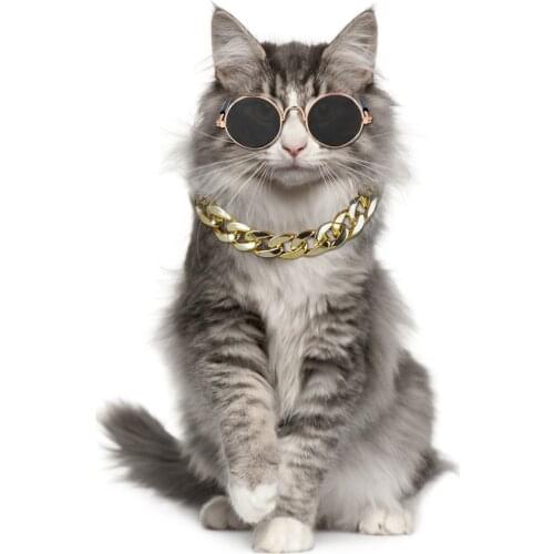Luxury Pet Sunglasses Creative Metal Cat Sunglasses Pet Glasses With Necklace Fashion Golden Necklace For Cat Kitten Supplies