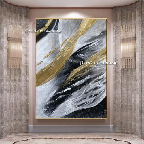 Handmade Painted By Skill Artist 100% Handmade New Large black Gold Oil Painting Modern Abstract Wall Picture Home Decor