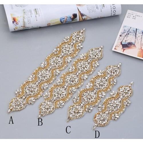 Clear Rhinestones Appliques For Wedding Dresses Belt Gold Crystal Rhinestones With Pearls Sewing On Bridal Sashes