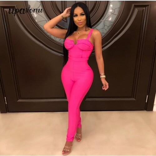 UpAvonu 2021 Summer New WomenS Fashion Sexy Blue Rose Red Black Spaghetti Bandage Jumpsuit Bodycon Club Party Jumpsuit