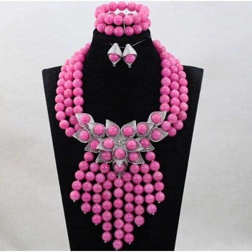 Splendid Fuchsia Pink African Beaded Jewelry Set Wedding Bib Statement Necklace Set Bride Gift Free Shipping WD995