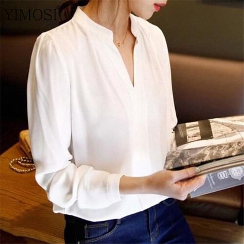 Spring Women Tops 2020 Long Sleeve Casual Chiffon Blouse Female V-Neck Work Wear Solid Shirt Lady White Office Shirts