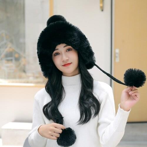 Woman Autumn Winter Mink Knit Bomber Hat Thick Female Fluffy Pompom Outdoor Warm Windproof Earflap Trapper Snow Ski Caps