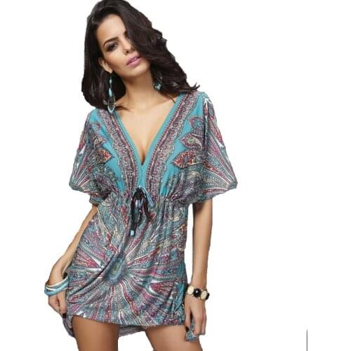 Fashion Beach Dress Summer Sexy Deep V European Style Bohemian Print Women Clothes Vestidos De Festa Female Dresses One Size
