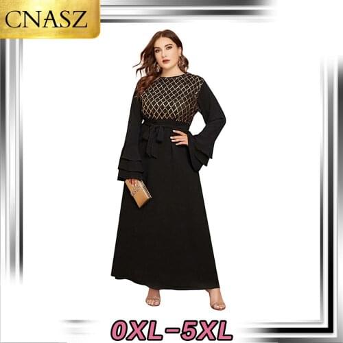 2020 Plus Size Ladies Flared Long Sleeve Sequined Embroidered Chiffon Dress New Fashion High quality Dress Beautiful Design