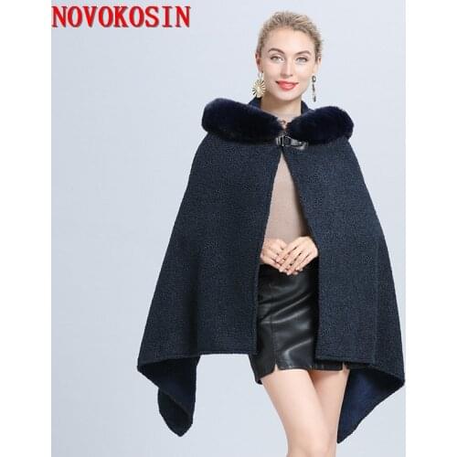 2020 Navy blue Big Pendulum Women Winter Soft Cloak Fake Fox Fur Collar Loose Poncho Granular Velvet Cardigan Coat With Hat