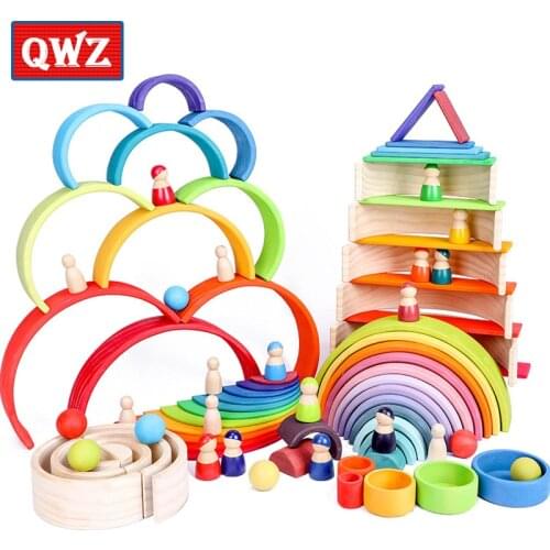QWZ Montessori Wooden Building Blocks Childhood Learning Early Children Baby Rainbow Wooden Blocks Educational Building Toy Gift