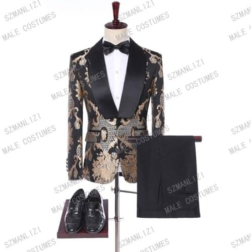 Costume Homme Mariage 2019 Terno Fashion Formal Tuxedo Black Gold Jacquard Embroidery Men Suit Groom Suits Wedding Suits For Men