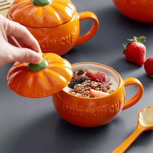 Cartoon Halloween Creative Ceramic Pumpkin Cup With Lid Breakfast Coffee Cup Dessert Soup Oatmeal Home Mug Kitchen Accessories