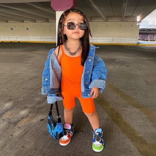 Summer Girls Overall Baby One Piece Kids Jumpsuits Children Bike Playsuit Chill Bodysuit Letter Print Skinny Strap 2 To 6 Yrs