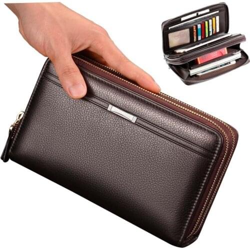 BK Men Wallet Double Zipper Leather Wallet New Luxury Business Male Clutch Bag Long Purse Phone Pocket Wallets Multi-pocket Men
