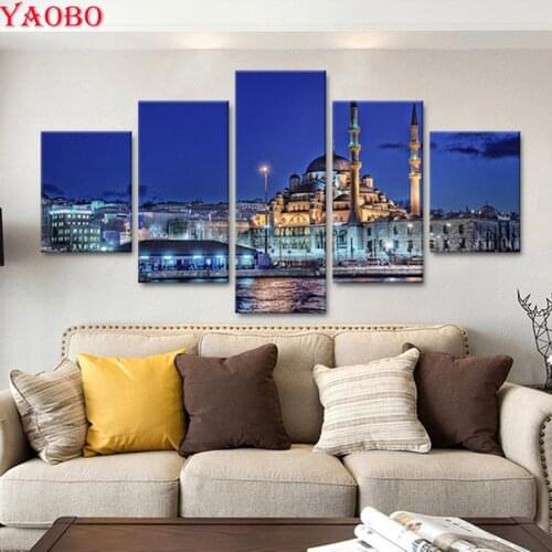 Full Square Diamond Painting 5 pcs Turkish Mosque Night Landscape DIY Diamond Embroidery Cross Stitch Rhinestone Mosaic Painting