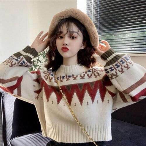 2020 Autumn And Winter New Womens Short Sweater, Printed Round Neck Loose Harajuku Style Fashion Pullover Em