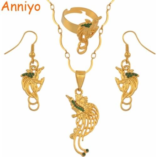 Anniyo Papua New Guinea Green Stone Bird Singing Necklace and Earrings Ring sets for Women PNG Jewelry National Day #121706GN