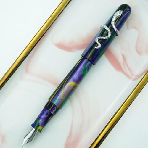 Fuliwen 017 Resin Acrylic Fountain Pen Quicksand Purple Big Size Ink Pen with Silver Snake Ring EF/F/M Nib Gift for Office Home