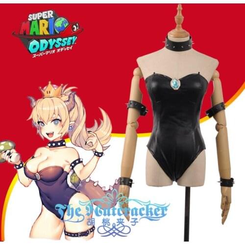 [STOCK]2018 Game Mario Super Bowsette Kuppa Koopa Hime Princess Black Jumpsuit Leather Outfit Cosplay Costume Halloween FreeShip