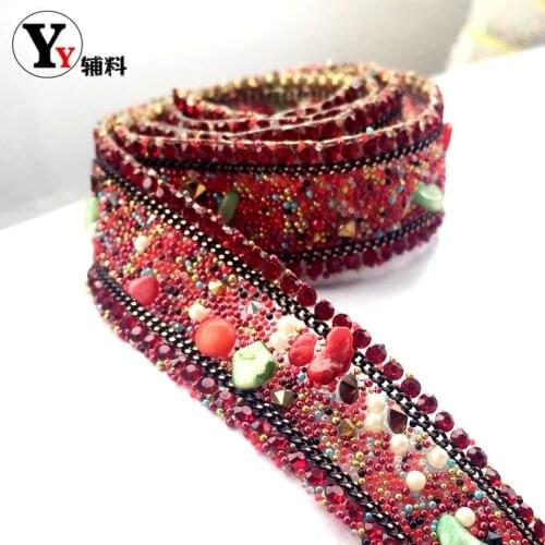 Factory 100CM Red Rhinestones Beaded Chain Iron on Hotfix Crystal Rhinestone Chain Applique Lace Ribbon Trim For Wedding Dress