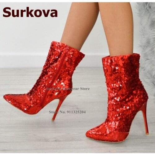 Surkova Hot Red Bling Bling Sequined Ankle Boots Thin High Heels Pointed Toe Glitter Paillette Embellished Wedding Shoes Pumps