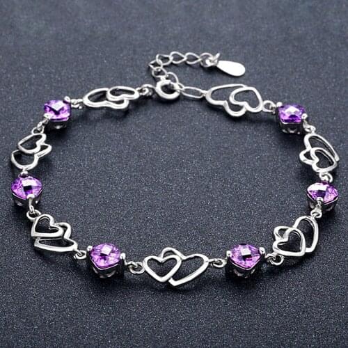 Amethyst crystal gemstone heart chain bracelets for women femme white gold silver color zircon diamonds jewelry bijoux gift