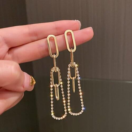 VSnow Minimalist Gold Color Chunky Chain Dangle Earring for Women Femme Hollow Shiny Rhinestone Long Earring Jewelry Pendientes