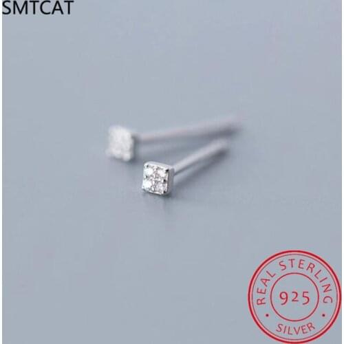 SMTCAT Small Cute Square Clear CZ Stud Earrings Fashion 100% 925 Sterling Silver Tiny Crystal Studs Ear For Women Jewelry Gift