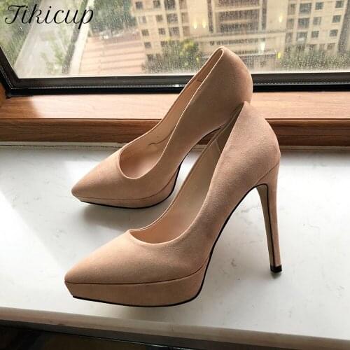 Tikicup Women Flock Pointy Toe Platform High Heels Elegant Ladies Stiletto Pumps Synthetic Suede Dress Shoes Green Black Red