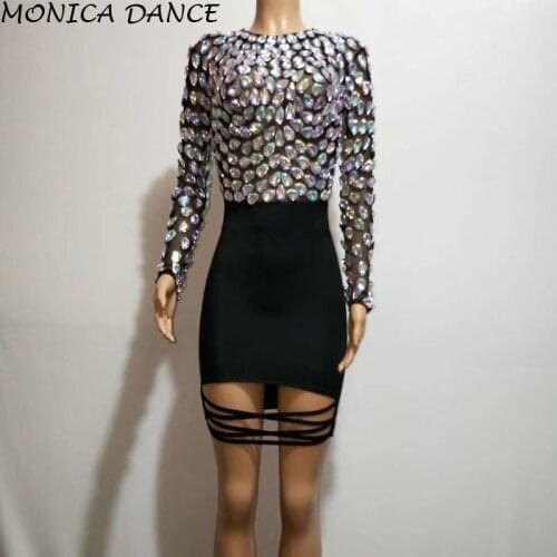 Women Sexy Big Stones Mesh Dance Black Dress Nightclub Outfit stage Sexy Skinny Costume Birthday Prom Show Stretch Dress
