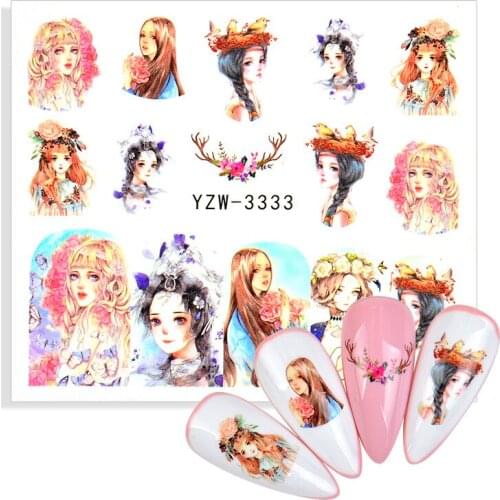 1pcs Charm Anime Girl Water Decals Goddess Nail Art Sticker Flower Green Leaf Leopard Elk Full Cover Slider Manicure Accessories