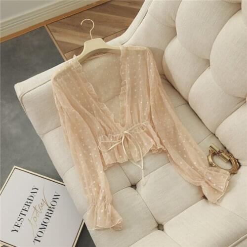 2020 Summer Solid Cardigans Vintage Lace-Up Flounce Shirt Women Casual 3/4 Sleeve Blouse Tunic Tops Blusas Elegant Shrug